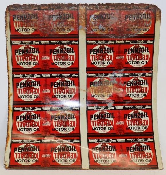 Group of 10 Kendall The 2000 Mile Oil Uncut Sheet of Oil Cans with Pennzoil Overprint: 28.75" x 25.5"