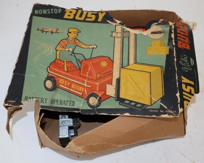 Busy Buddy Battery Operated Tin Litho Forklift Toy in Original Box: 9" x 8" x 4" box is deteriorating