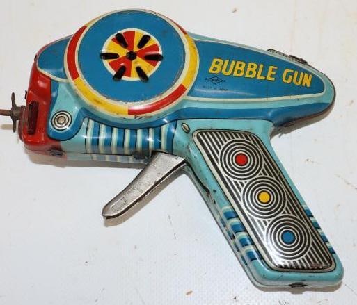 Tin Litho Bubble Gun Friction Toy: 5" x 4.5" x 1.5"