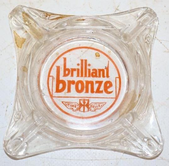 Brilliant Bronze Time Tells Johnson Oil Advertising Ash Tray: 4" x 4" x 1"