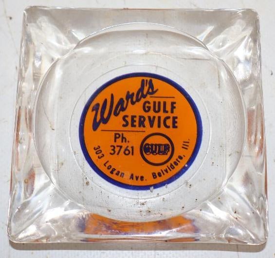 Wards Gulf Service Advertising Ash Tray: 3.5" x 3.5" x 1"