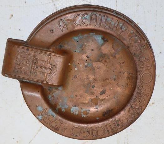 1934 Chicago World Fair Brass Advertising Ash Tray: 3.75" x 4" x .5"
