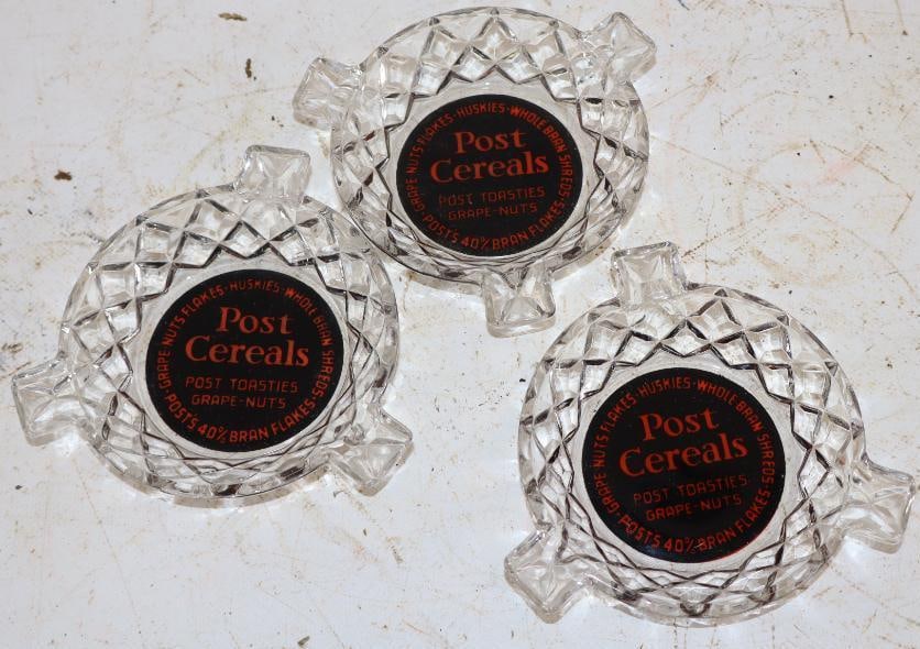 Group of 3 Post Cereals Glass Advertising Ash Trays: 5" x 5" x 1" each