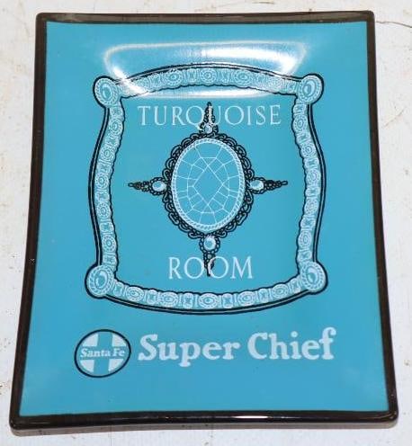 Santa Fe Super Chief Railroad Turquoise Room Glass Advertising Ash Tray: 4.75" x 3.75" x 1"
