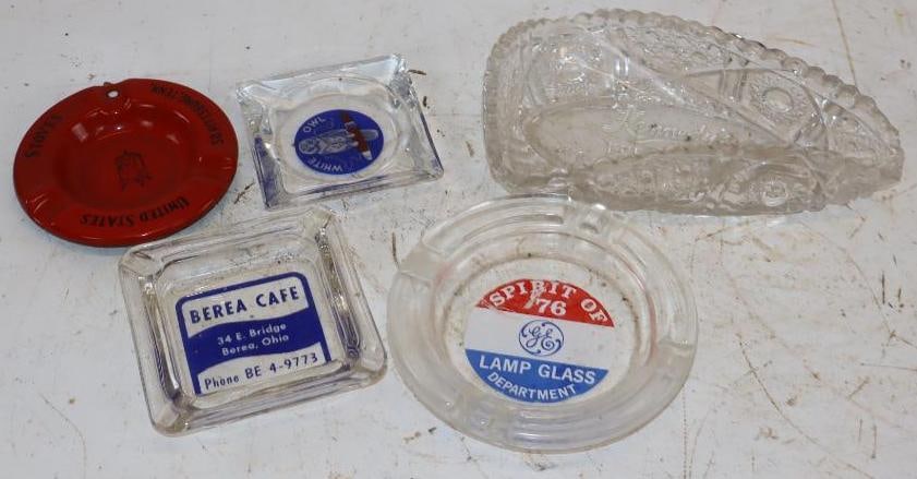 Group of 5 Glass & Porcelain Advertising Ash Trays: Largest is 8.5" x 5" x 2"