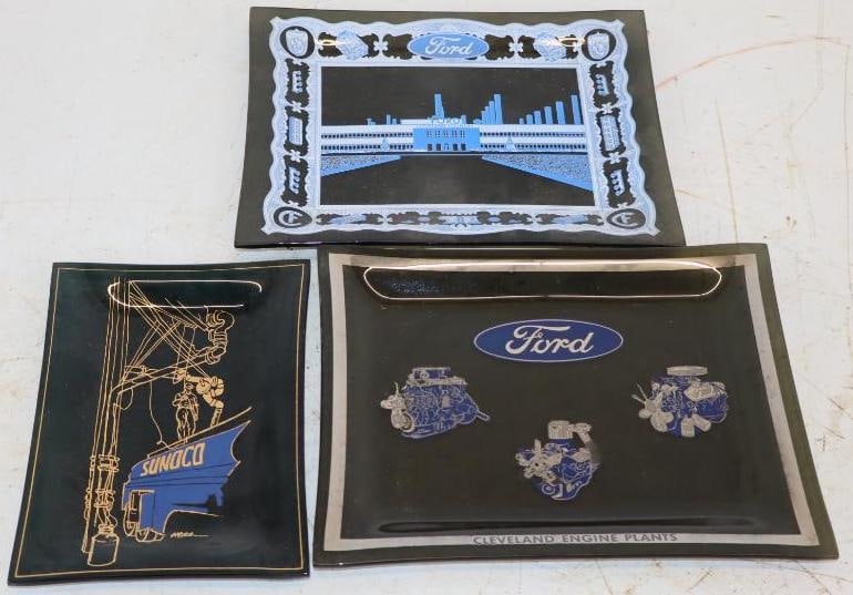 Group of 3 Ford & Sunoco Glass Advertising Trays: Largest is 7" x 9" x 1"