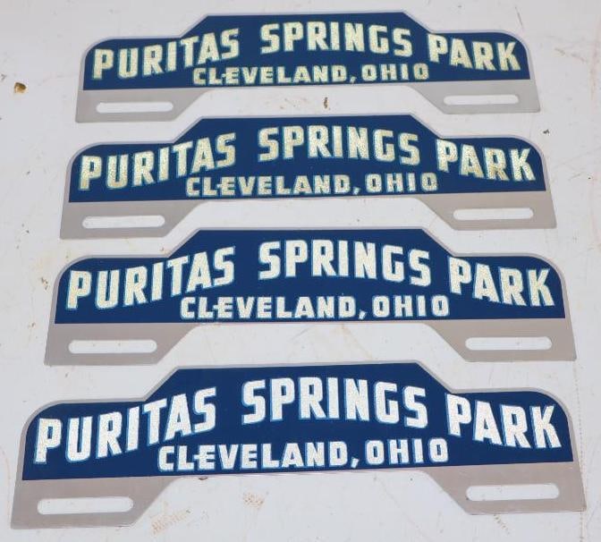 Group of 4 NOS Puritas Springs Park Cleveland, Ohio Blue Reflective License Plate Toppers: 10" x 3" each