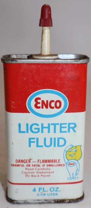 Enco Lighter Fluid Can With Happy Oil Drop Mascot: 4oz