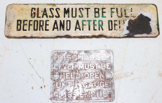 Group of 2 Porcelain & Aluminum Gas Pump Warning Signs (1 of 2)