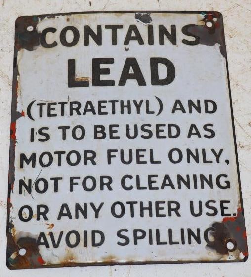 Contains Lead' Porcelain Gas Pump Sign: 7" x 8.5"