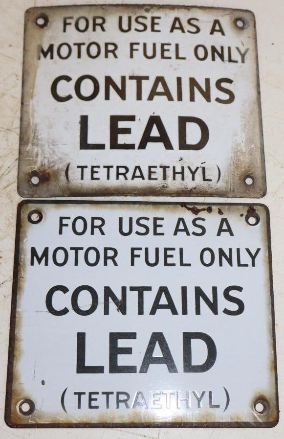 Group of 2 Porcelain 'Contains Lead' (Tetraethyl) Gas Pump Signs: 7" x 6" each