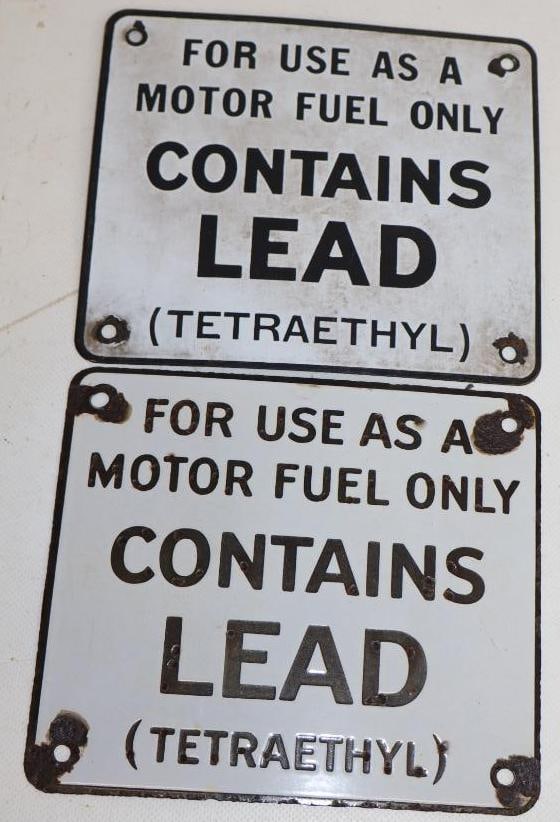 Group of 2 Porcelain 'Contains Lead' (Tetraethyl) Gas Pump Signs: 7" x 6" each