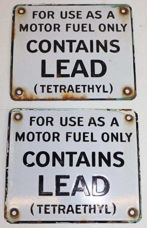Group of 2 Porcelain 'Contains Lead' (Tetraethyl) Gas Pump Signs: 7" x 6" each