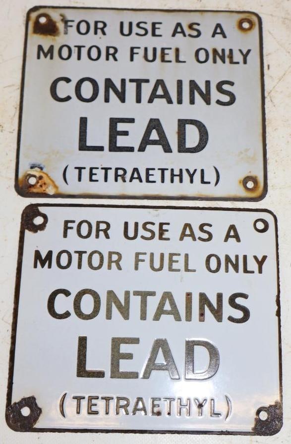 Group of 2 Porcelain 'Contains Lead' (Tetraethyl) Gas Pump Signs (1 of 2)