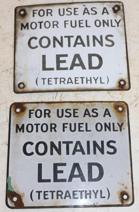 Group of 2 Porcelain 'Contains Lead' (Tetraethyl) Gas Pump Signs (1 of 2)