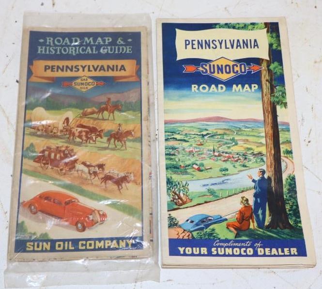 Group of 2 Early Sunoco Pennsylvania Road Maps: 4" x 7.75"