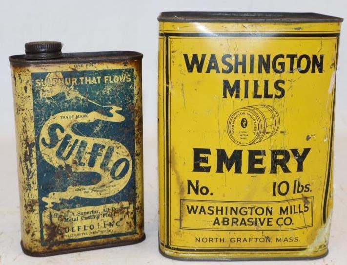 Group of 2 Sulflo & Washington Mills Emery Advertising Metal Cans: Largest is 5"x 5" x 7"