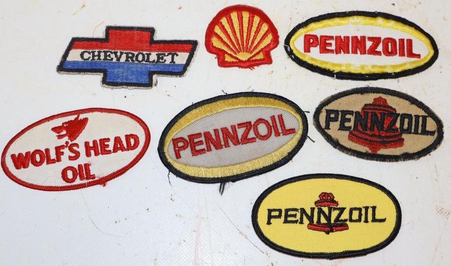 Group of 7 Pennzoil, Wolf's Head, Shell, and Chevrolet Shirt Patches: Largest is 4" x 2"