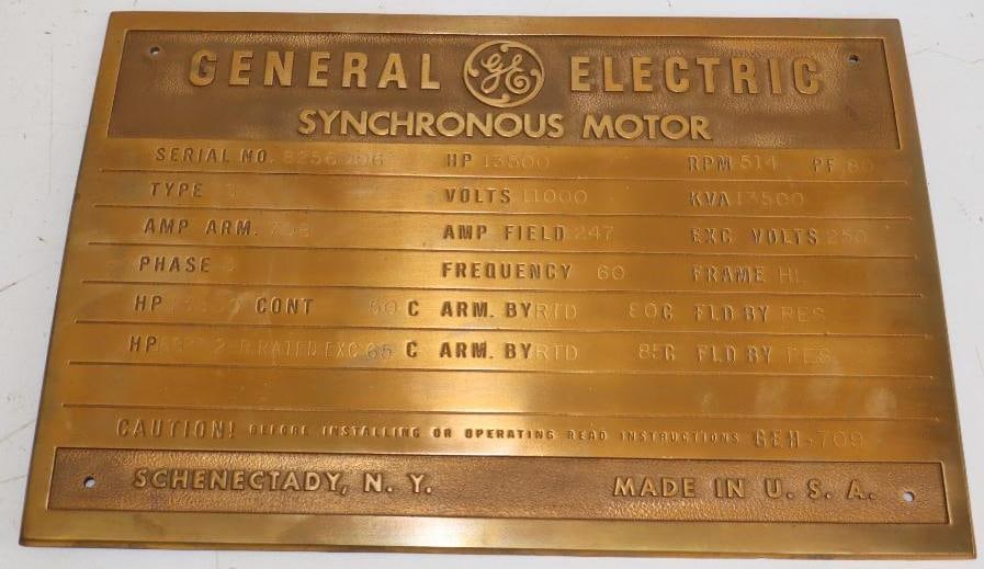 General Electric Synchronous Motor Brass Serial Number Plaque: 16" x 11"