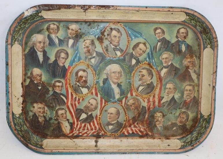 1910 Tin Litho U.S. Presidents Tray with The People's Shoe Store Advertisement: 17" x 12" x 1"