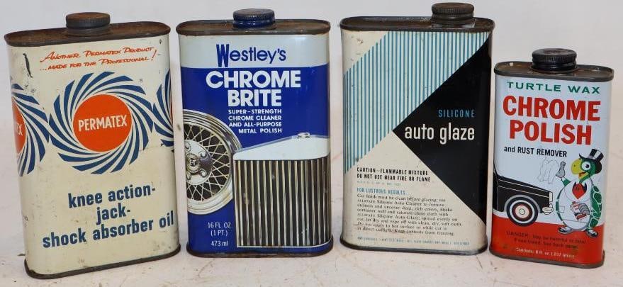 Group of 4 Allstate, Permatex, Westley's & Turtle Wax Auto Related Advertising Cans: Largest is 16 oz