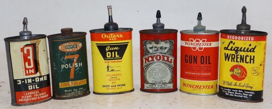 Group of 6 Household & Gun Oil Oval Shaped Oiler Cans: Largest is 3 oz