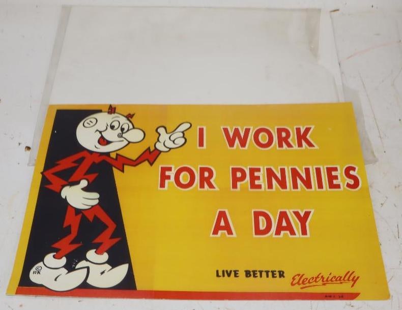 "I Work for Pennies A Day" Ready Kilowatt Paper Advertising Sign: 14" x 10" is marked AMC 54