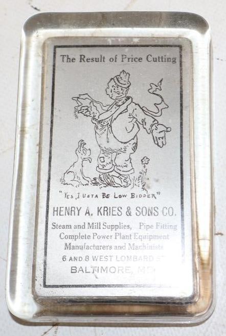 Henry A. Kries & Sons Baltimore, Maryland Glass Advertising Paperweight & Mirror: 4.25" x 2.75" x 1"