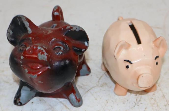 Group of 2 Cast Aluminum & Ceramic Vintage Children's Piggy Banks: Largest is 4" x 3" x 3.5" aluminum piggy has no key