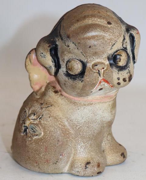 1920's Hubley Cast Iron Puppo & Bee Coin Bank: 3.5" x 4" x 5" has no key
