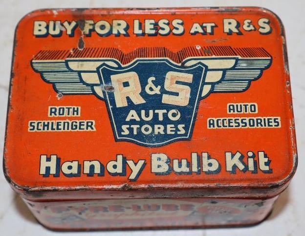 R&S Auto Stores Handy Bulb Tin Kit with Tire Oil, Spark Plug, and Battery Advertisements (1 of 4)