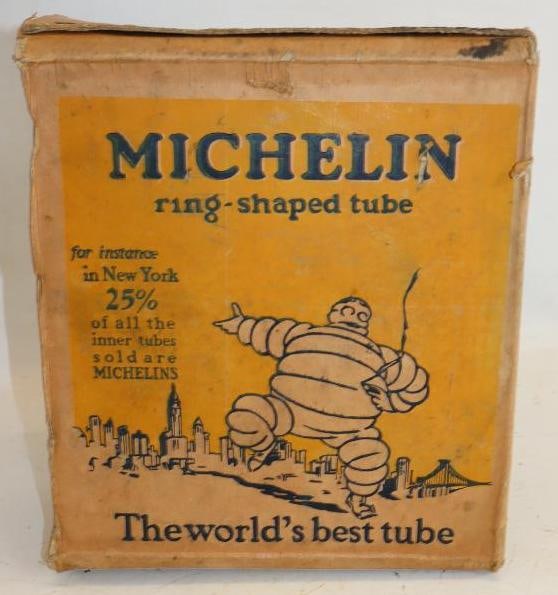 Early Michelin Ring Shaped Tube Box with Smoking Michelin Man: 11.5" x 9.5" x 5"