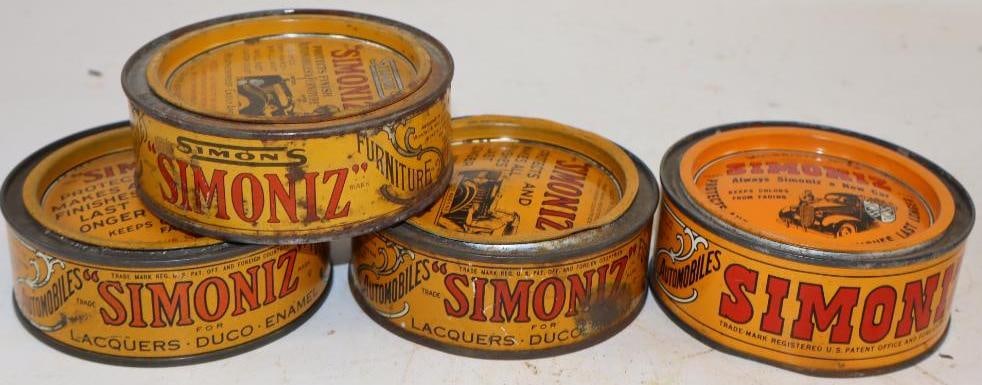 Group of 4 Simoniz Advertising Wax Tins with Early Car Graphics: 6.5 oz each