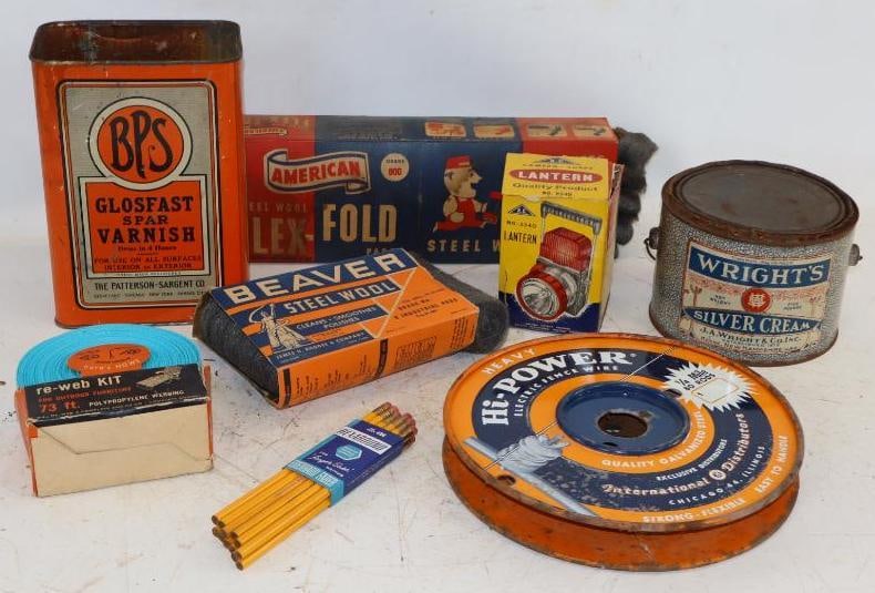 Group of 8 Household Advertising Tins, Pencils, Lantern & Household Steel Wool Packages: Largest is 15" x 5" x 3"
