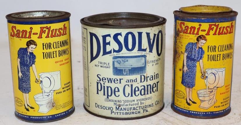 Group of 3 Early Pipe & Toilet Bowl Cleaner Tin Litho Cans: Largest is 2 lbs
