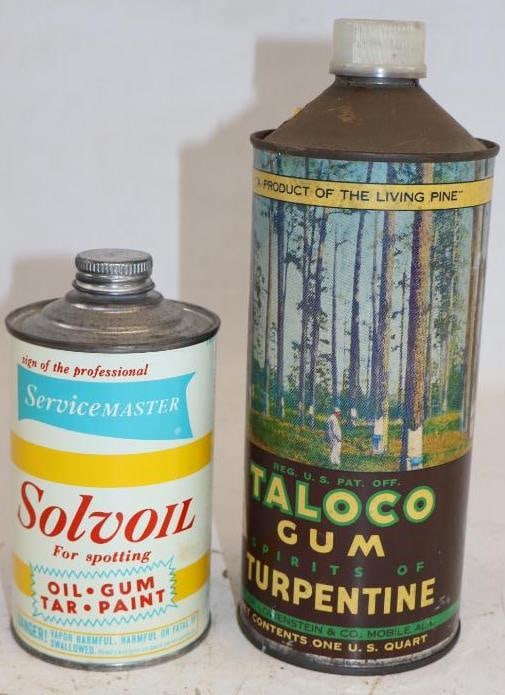 Group of 2 Taloco Turpentine & Solvoil Cone Top Oil Cans: Largest is 32 oz