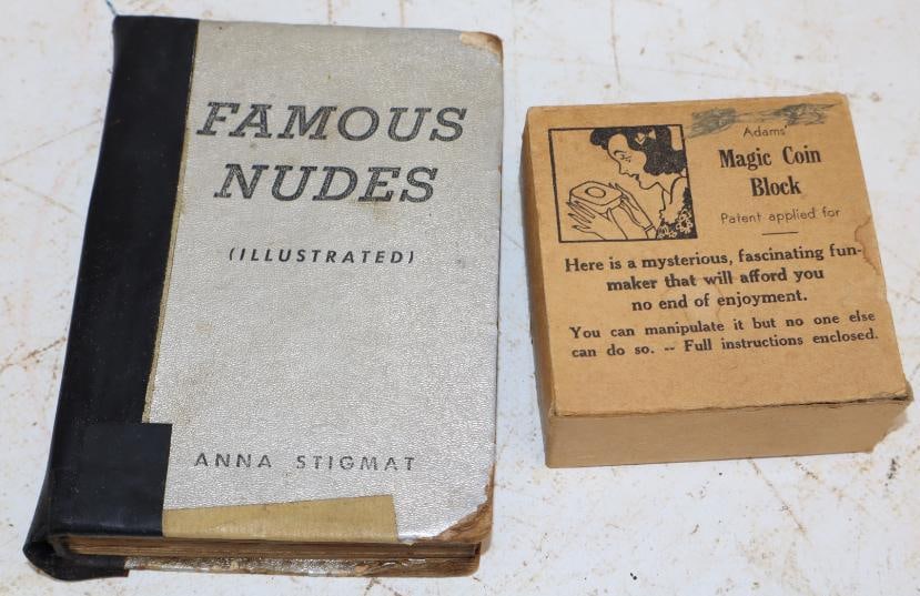 Group of 2 Magic Coin Block & Famous Nudes Magic Trick & Joke Book: Largest is 5" x 4" x 1"