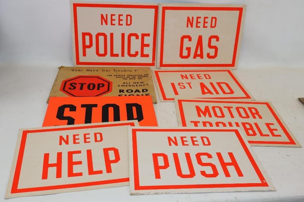 Group of 7 Vintage Cardboard Emergency Road Signs: 15" x 12" each