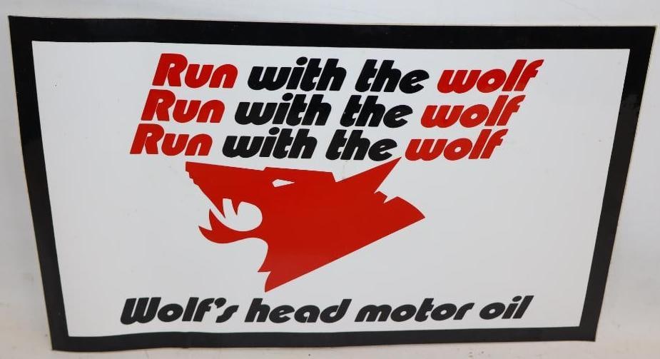Run With The Wolf, Wolfshead Motor Oil Sticker Decal: 15" x 9"