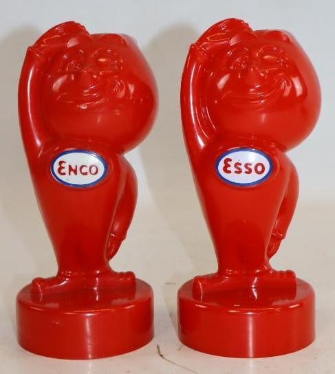 Group of 2 Red Esso and Enco Plastic Mr. Oil Drop Shaped Coin Banks: 3" x 3" x 6.5" Each