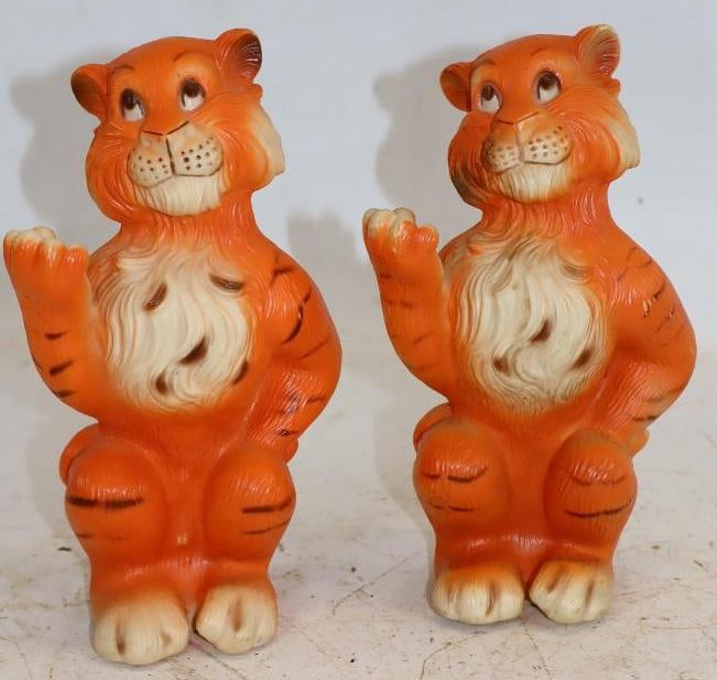 Group of 2 Esso Gas Station Tiger Shaped Coin Banks: 4" x 3.75" x 8" each. One is missing stopper