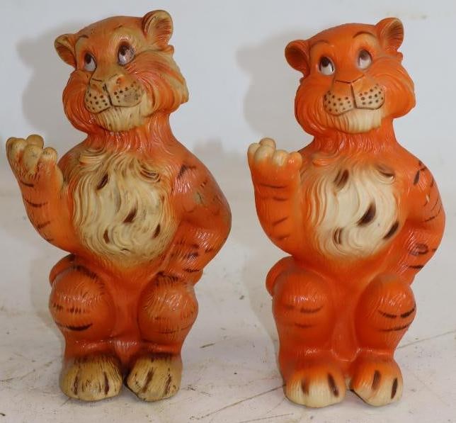 Group of 2 Esso Gas Station Tiger Shaped Coin Banks: 4" x 3.75" x 8" each. One is missing stopper