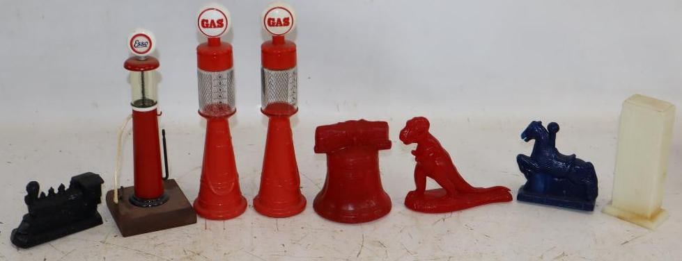 Group of 8 Gas Pump Figures and Henery Ford Museum Wax Fold Sovines Largest is 3x3x8.5