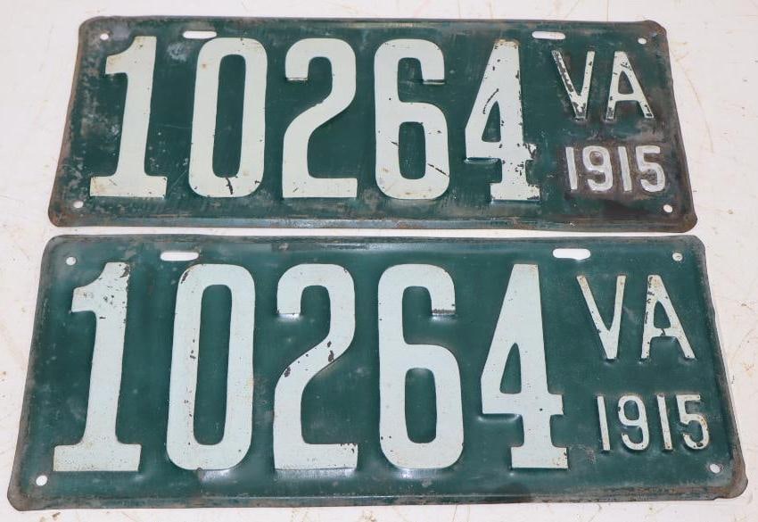 Pair of 1915 Embossed Virginia License Plates: 14x6 Each