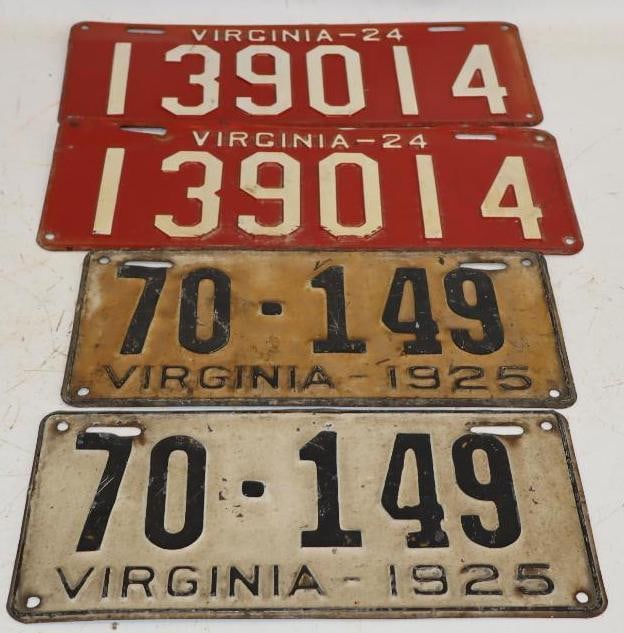 Group of 2 Pair 1924 & 1925 Embossed Virginia License Plates: Largest is 15x6