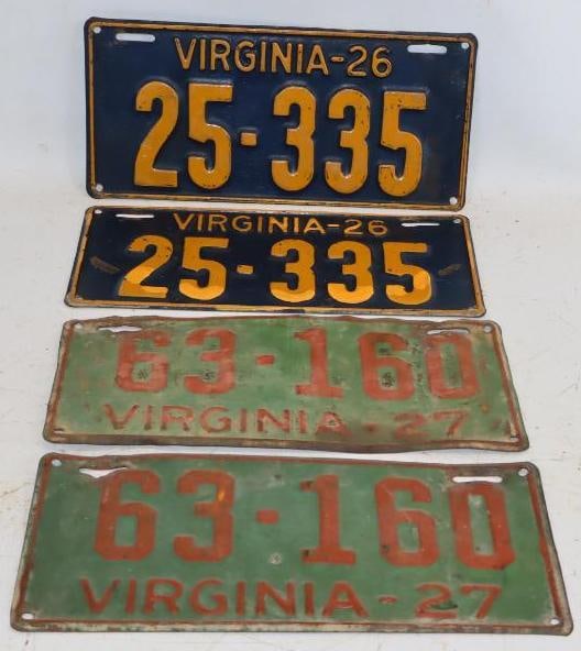 Group of 2 Pair 1926 & 1927 Embossed Virginia License Plates: 12.25x5.75 Each 1 1926 Plate Has Been Touched Up