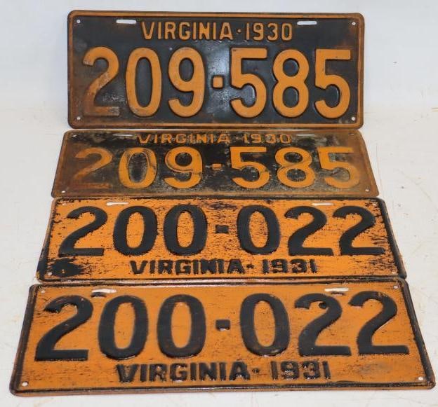 Group of 2 Pair 1930 & 1931 Embossed Virginia License Plates: 15x6 Each 1931's Have Been Clear Coated