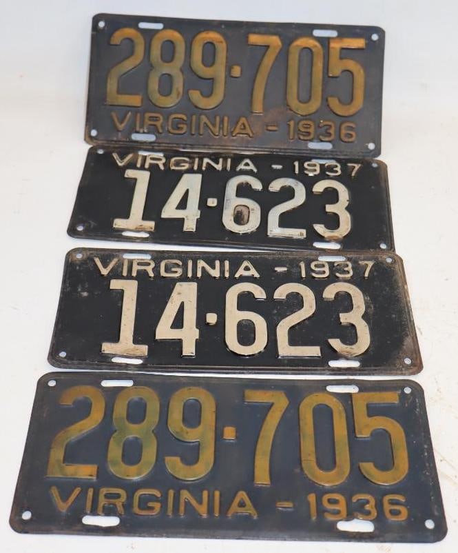 Group of 2 Pair 1936 & 1937 Embossed Virginia License Plates (1 of 4)