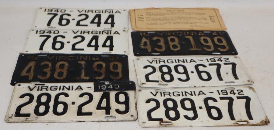 Group of 7 1940-1943 Embossed Virginia License Plates: 11.75x5.5 Each