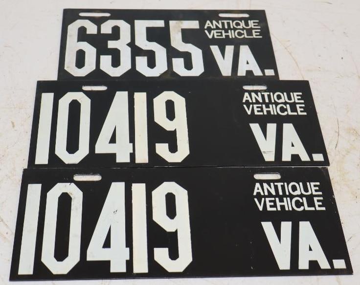 Group of 3 Porcelain and Metal Virginia Antique Vehicle License Plates: Largest is 12.25x5